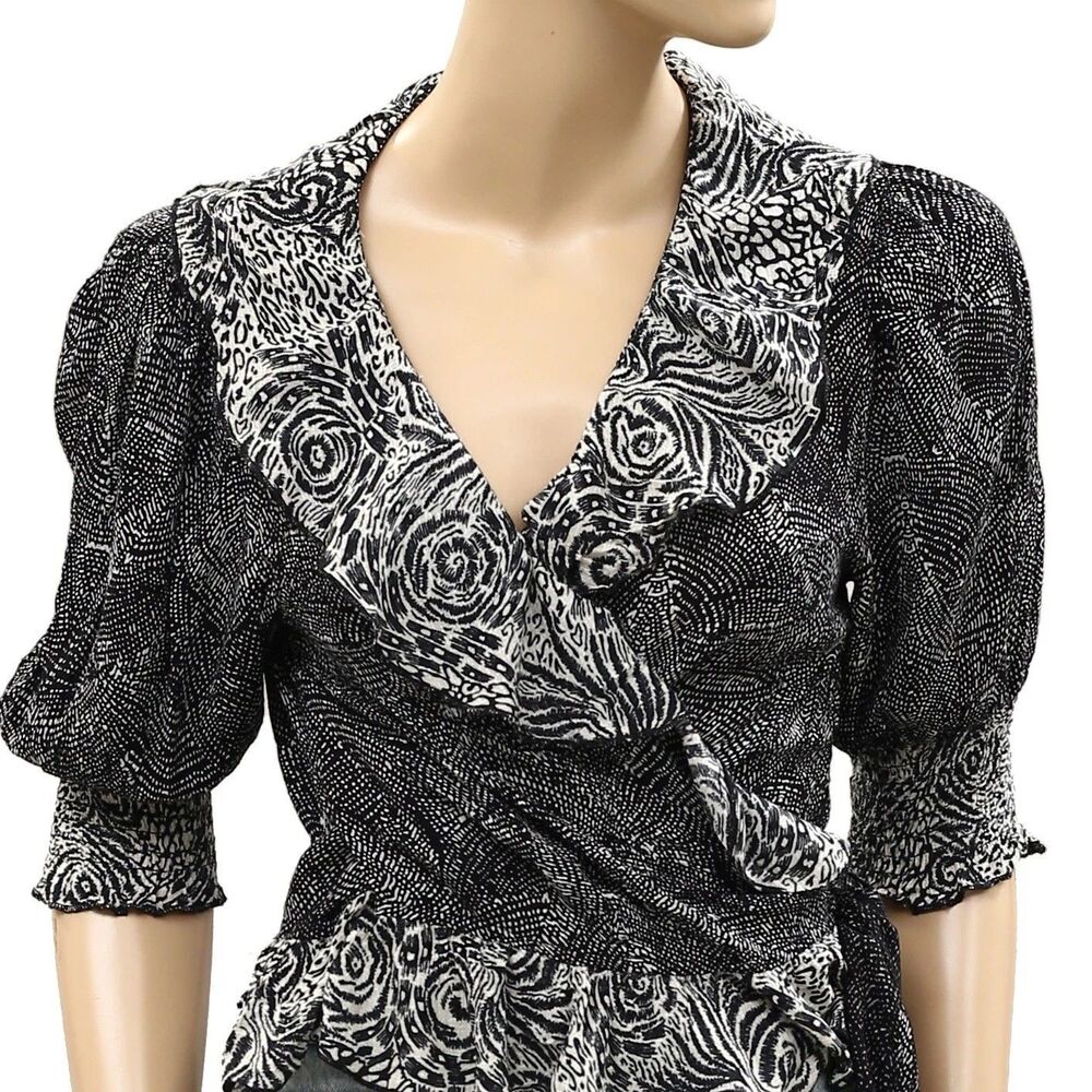 Free People Nully Olivia Wrap Top Blouse Short-Sleeves Black Printed S 287036 - Picture 6 of 9